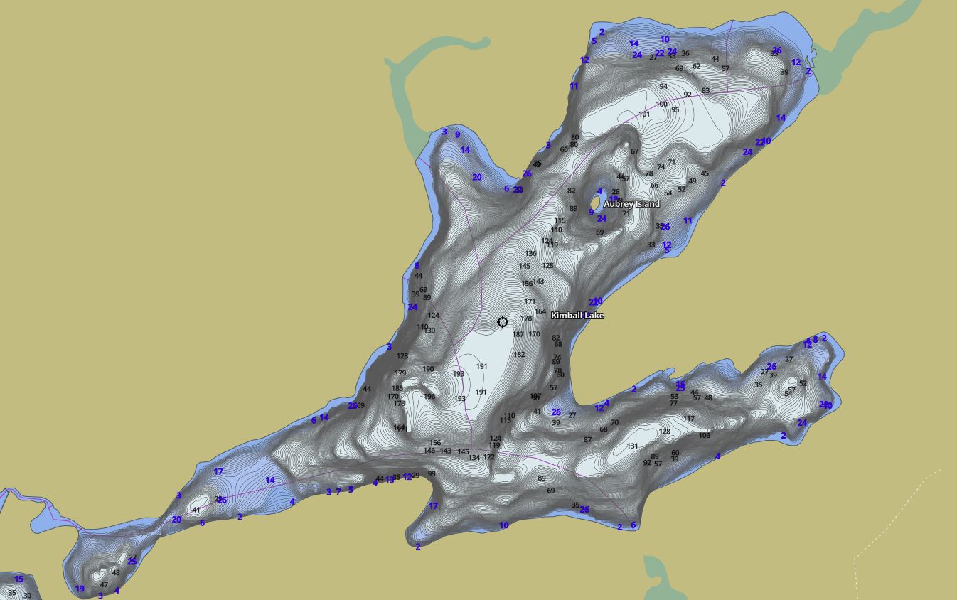 Contour Map of Kimball Lake in Municipality of Algonquin Highlands and the District of Haliburton